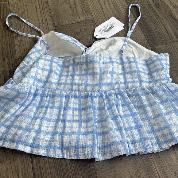 English Factory | Sleeveless Sequin Twist Front Plaid Flounce Tank - Picture 13 of 13